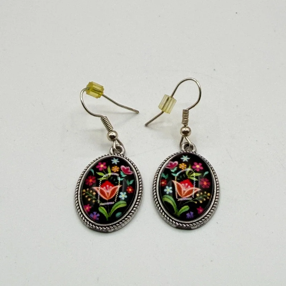 Floral Folk Art Earrings Black Multicolor Flower Oval Silver Tone Dangle Pair